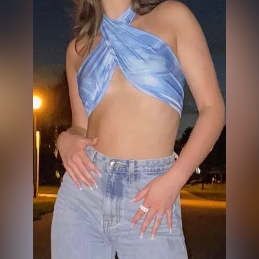 Shein Blue and White Marble Tie Top